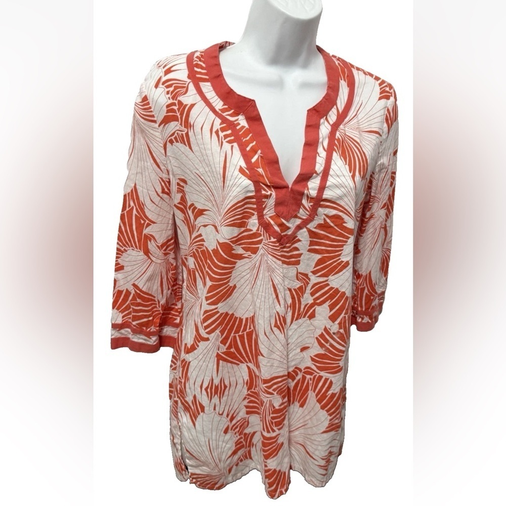 J.Crew Tunic Tropical Floral Print 3/4 Sleeves Cotton Size Medium White Orange